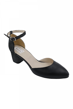 Pantofi sanda cu toc gros 5 cm - Pantofi sanda damă eleganți, piele naturală, varf migdalat, toc gros, imprimeu negru buline albe, Sandali