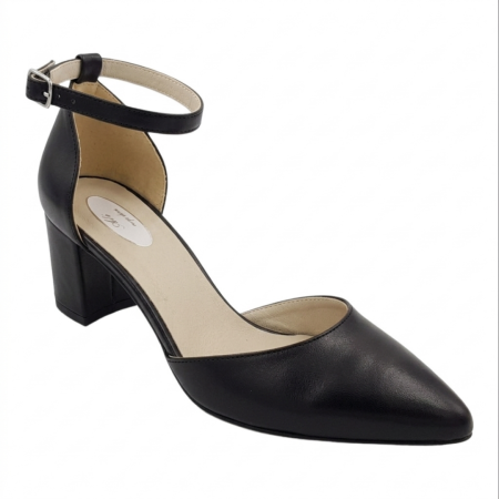 LICHIDARE STOC - Pantofi dama din piele box neagra cu bareta si toc gros 6 cm