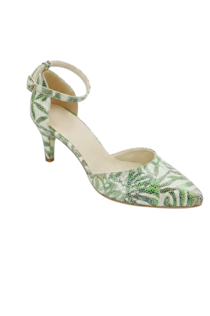 Primavara - Sandale damă verzi din piele naturală cu imprimeu frunze exotice și toc subțire