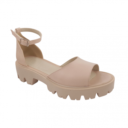 Sandale fara toc - Sandale dama casual, piele naturala, bareta cu catarama, talpa usoara, crampoane, bej, linii aurii, Sandali