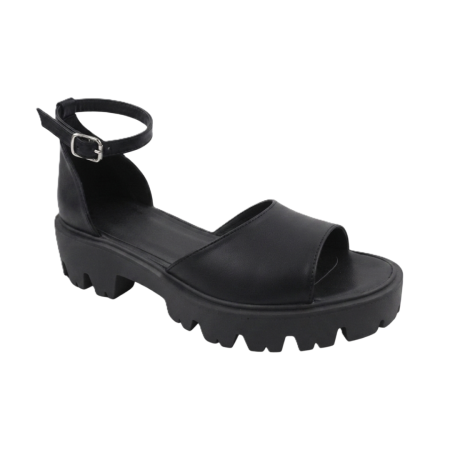 Sandale fara toc - Sandale damă piele naturală box negru – bareta lată, talpă cu crampoane