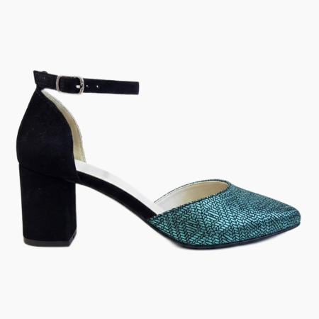 Sandale damă - Sandale damă piele întoarsă cu imprimeu Emerald Metallic și toc masiv 6 cm