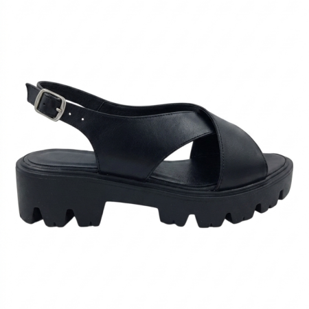Sandale fara toc - Sandale dama negre din piele naturala cu barete incrucisate si talpa usoara