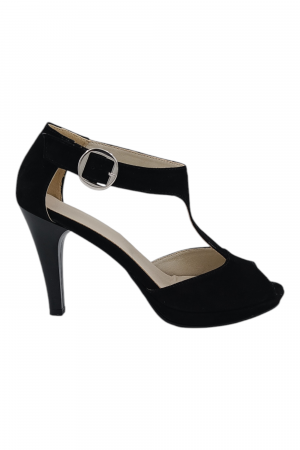 NEW COLLECTION - Sandale damă elegante, piele naturală întoarsă, vârf decupat, cataramă lată, cu platformă, negru