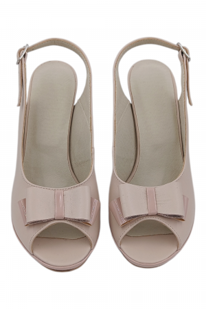 Sandale damă elegante, piele naturală, vârf decupat cu fundă, cataramă, bej [3]