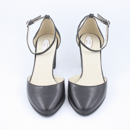 Sandale damă elegante, piele naturală, toc gros, negru box, cu imprimeu carouri, Sandali [2]