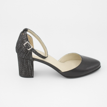 Pantofi sanda cu toc gros 6 cm - Sandale damă elegante, piele naturală, toc gros, negru box, cu imprimeu carouri, Sandali