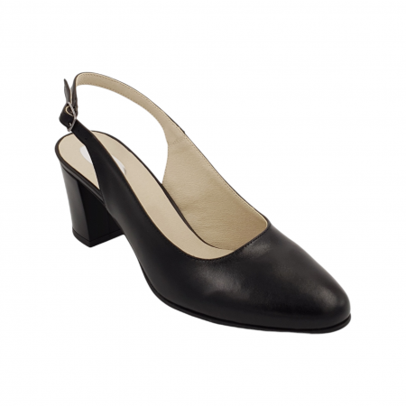 Pantofi sanda cu toc gros 6 cm - Sandale dama elegante, piele naturala, toc gros, negru box, Sandali