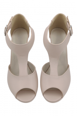 Sandale damă elegante, piele naturală, vârf decupat, cataramă lată, cu platformă, bej [3]