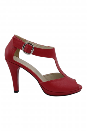 NEW COLLECTION - Sandale damă elegante, piele naturală, vârf decupat, cataramă lată, cu platformă, roșu