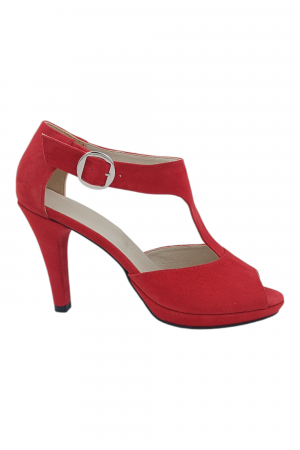Sandale cu toc înalt - Sandale damă elegante, piele naturală întoarsă, vârf decupat, cataramă lată, cu platformă, roșu