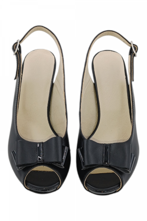 Sandale damă elegante, piele naturală, vârf decupat cu fundă, cataramă, cu platformă, negru [3]