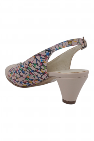 Sandale damă eleganți, piele naturală cu imprimeu mozaic, vârf decupat, toc conic, bej [2]