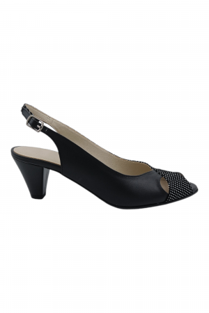 Sandale cu toc 4 cm - Sandale damă eleganți, piele naturală cu imprimeu buline albe, vârf decupat, toc conic, negru