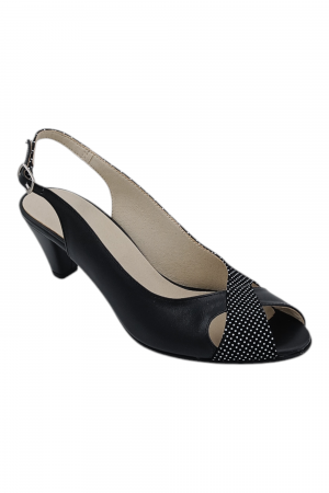 Sandale damă eleganți, piele naturală cu imprimeu buline albe, vârf decupat, toc conic, negru [1]