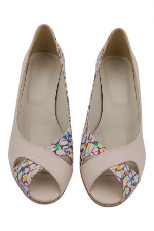 Pantofi sanda damă eleganți, piele naturală cu imprimeu mozaic, vârf decupat, toc conic, bej [3]