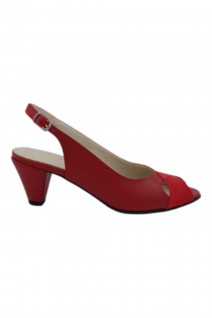 Sandale cu toc 4 cm - Sandale damă eleganți, piele naturală cu piele întoarsă, vârf decupat, toc conic, roșu