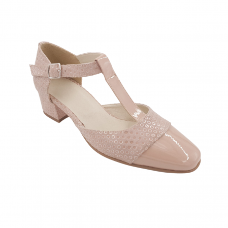 Pantofi sanda cu toc 4 cm - Sandale dama eleganti, piele naturala intoarsa, piele lacuit, toc gros, bej cu buline, Sandali