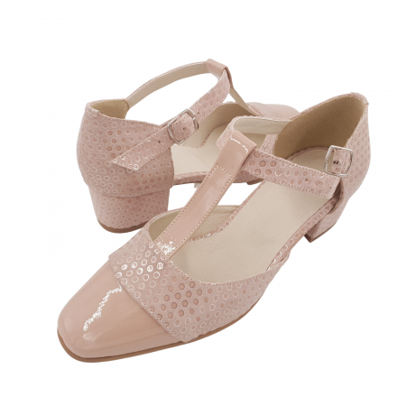Sandale dama eleganti, piele naturala intoarsa, piele lacuit, toc gros, bej cu buline, Sandali [3]