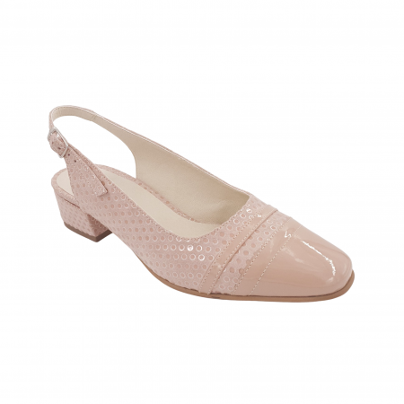 Pantofi sanda cu toc 4 cm - Sandale dama eleganti, piele naturala intoarsa, piele lacuit, toc gros, bej, Sandali