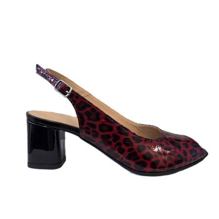 Pantofi sanda cu toc gros 5 cm - Sandale dama Roșu Leopard, piele naturală, toc 5 cm