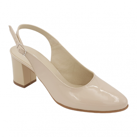 Pantofi sanda cu toc gros 6 cm - Sandale dama eleganti, piele naturala, toc gros, bej lacuit, Sandali