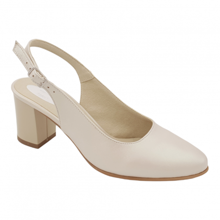 Pantofi sanda cu toc gros 6 cm - Sandale dama eleganti, piele naturala, toc gros, bej sidef box, Sandali