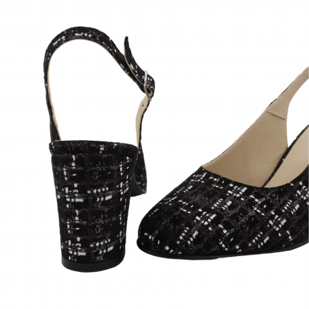 Sandale dama eleganti, piele naturala, toc gros, imbracat, carouri maro/alb, Sandali [3]