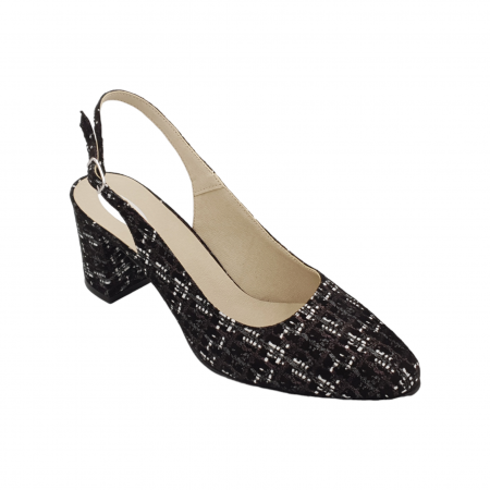 Pantofi sanda cu toc gros 6 cm - Sandale dama eleganti, piele naturala, toc gros, imbracat, carouri maro/alb, Sandali
