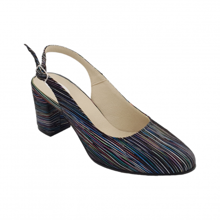 Pantofi sanda cu toc gros 6 cm - Sandale dama eleganti, piele naturala, toc gros, imbracat, dungi colorate, Sandali