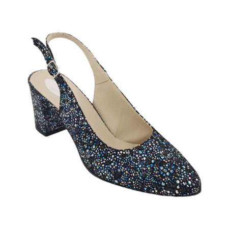 Pantofi sanda cu toc gros 6 cm - Sandale dama eleganti, piele naturala, toc gros, imbracat, flori albastre, Sandali