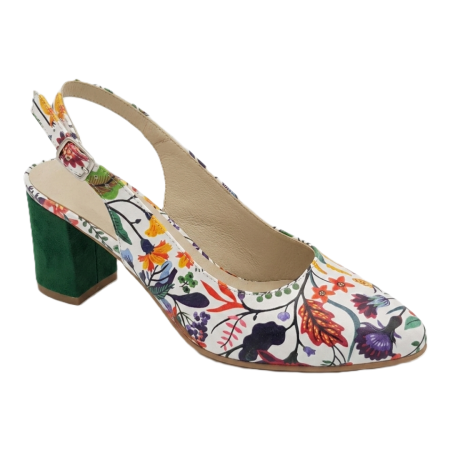 Pantofi sanda cu toc gros 6 cm - Pantofi-sandale dama Floral Garden, piele naturala, toc 6 cm