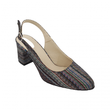 Pantofi sanda cu toc gros 6 cm - Sandale dama eleganti, piele naturala, toc gros, imbracat, linii colorate, Sandali