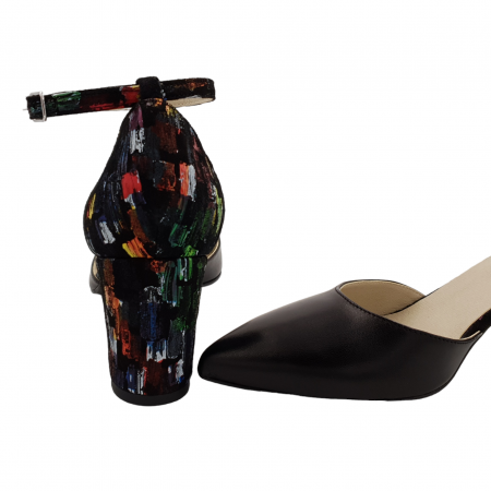 Sandale damă eleganți piele naturală, toc gros, imbrăcat, negru cu pătrate colorate, SANDALI [3]