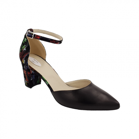 Pantofi sanda cu toc gros 6 cm - Sandale damă eleganți piele naturală, toc gros, imbrăcat, negru cu pătrate colorate, SANDALI