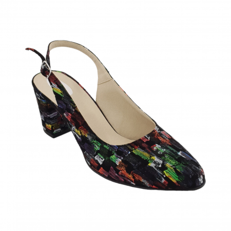Pantofi sanda cu toc gros 6 cm - Sandale dama eleganti, piele naturala, toc gros, imbracat, imprimeu picasso, Sandali
