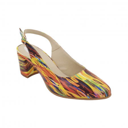 Pantofi sanda cu toc gros 6 cm - Sandale dama eleganti, piele naturala, toc gros imbracat, picturi colorate, Sandali