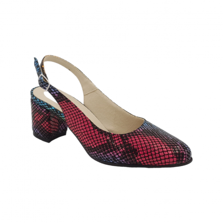 Pantofi sanda cu toc gros 6 cm - Sandale dama eleganti, piele naturala, toc gros, imbracat, sarpe colorat, Sandali