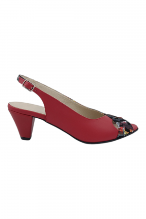 Sandale cu toc 4 cm - Sandale damă eleganți, piele naturală cu imprimeu picasso, vârf decupat, toc conic, roșu