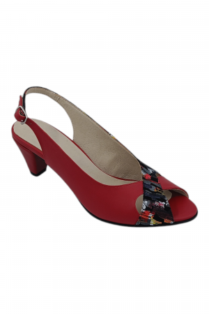 Sandale damă eleganți, piele naturală cu imprimeu picasso, vârf decupat, toc conic, roșu [1]