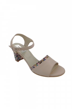 Sandale cu toc gros 6 cm - Sandale dama eleganti, piele naturala, toc mediu gros, barete, imprimeu de abstract, bej, Sandali