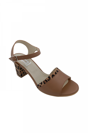 Sandale cu toc gros 6 cm - Sandale dama eleganti, piele naturala, toc mediu gros, barete, imprimeu de leopard, bej inchis, Sandali