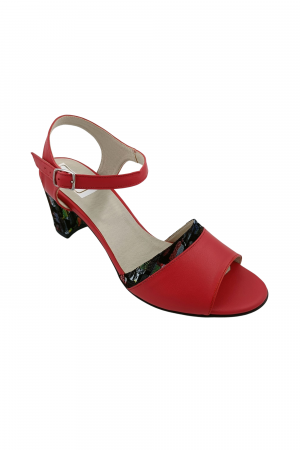 Sandale cu toc gros 6 cm - Sandale dama eleganti, piele naturala, toc mediu gros, barete, imprimeu de picasso, rosu, Sandali