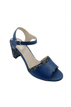 Sandale cu toc gros 6 cm - Sandale dama eleganti, piele naturala, toc mediu gros, cu barete, cu imprimeu de flori albastre, albastru, Sandali