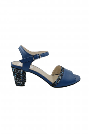 Sandale dama eleganti, piele naturala, toc mediu gros, cu barete, cu imprimeu de flori albastre, albastru, Sandali [1]