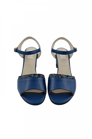 Sandale dama eleganti, piele naturala, toc mediu gros, cu barete, cu imprimeu de flori albastre, albastru, Sandali [3]