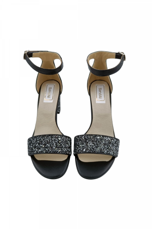 Sandale dama eleganti, piele naturala, toc gros, cu glitter argintiu, negru, Sandali [3]