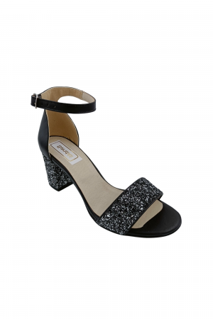 Sandale cu toc gros 6 cm - Sandale dama eleganti, piele naturala, toc gros, cu glitter argintiu, negru, Sandali