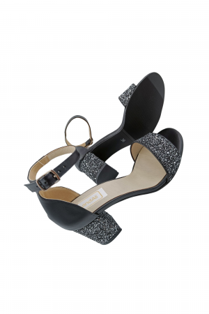 Sandale dama eleganti, piele naturala, toc gros, cu glitter argintiu, negru, Sandali [4]