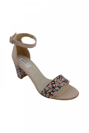 Sandale cu toc gros 6 cm - Sandale dama eleganti, piele naturala, toc gros, cu imprimeu abstract, bej, Sandali
